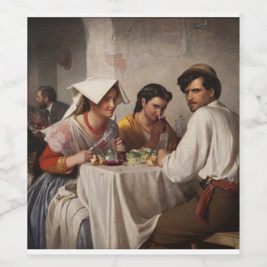 "In a Roman Osteria" 1886 Carl Heinrich Bloch Wijn Etiket (Enkel label)