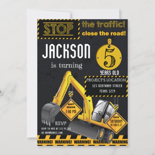 In aanbouw Gele Zwarte Verjaardag Graafmachine Kaart (Voorkant)