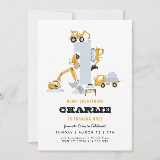 In aanbouw vrachtwagens 1e verjaardag uitnodiging (Voorkant)