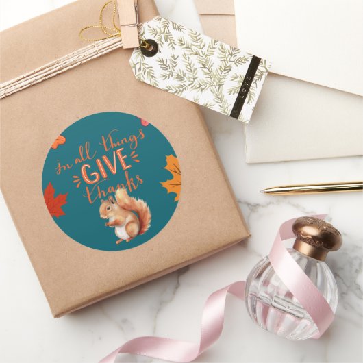 In All Things Give Thanks Autumn Squirrel Ronde Sticker (Geschenken)