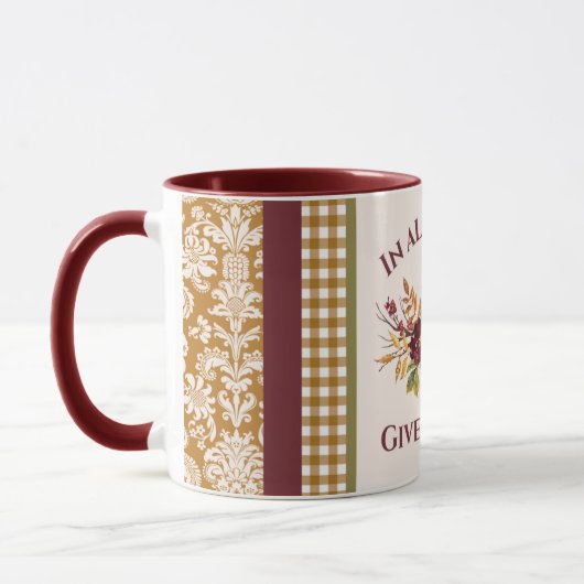 In All Things Give Thanks Burgundy Gold Damask Mok (Links)