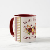 In All Things Give Thanks Burgundy Gold Damask Mok (Voorkant links)