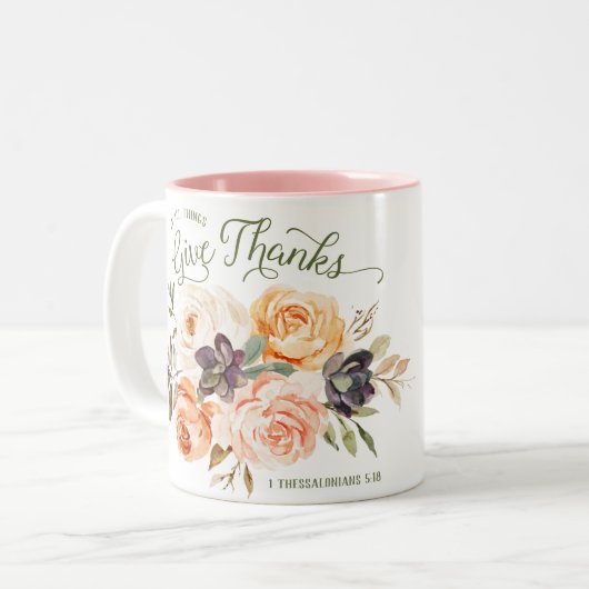 In alle dingen geven Bedankt bloemige Rozen Mok (Voorkant links)