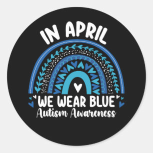 In april Draag we Blauwe Autisme Bewustheid Regenb Ronde Sticker