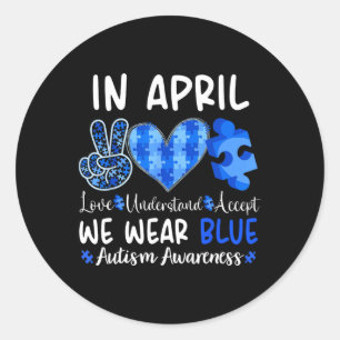 In april Draag we Blue Autism Awareness Mannen Wom Ronde Sticker