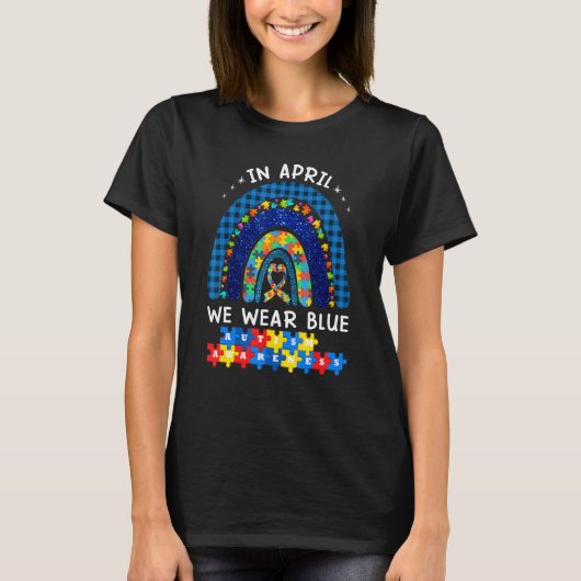 In april Draag we Blue Autism Awareness Rainbow Pu T-shirt (Voorkant)