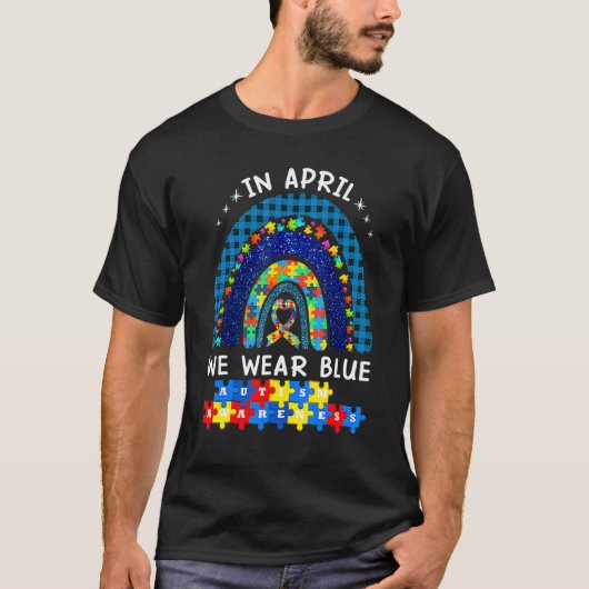 In april Draag we Blue Autism Awareness Rainbow Pu T-shirt (Voorkant)