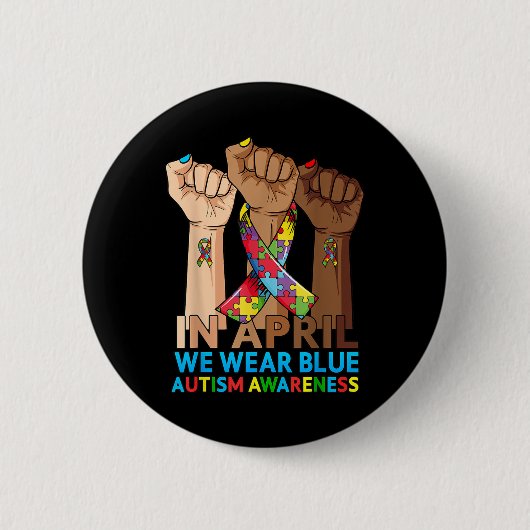 In april Draag we de blauwe autisme Ronde Button 5,7 Cm (Voorkant)