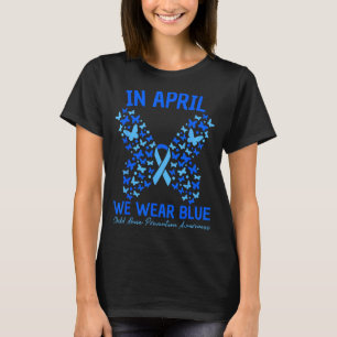 in april dragen we blauwe kinderpreventie vlinder t-shirt
