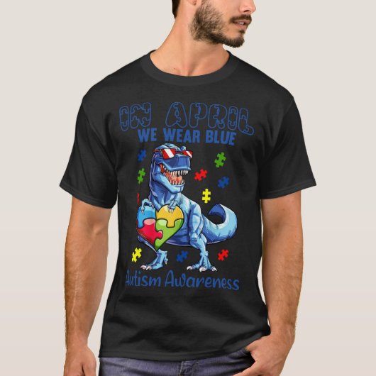 In April We Wear Blue Autism Awareness Dinosaur Pu T-shirt (Voorkant)