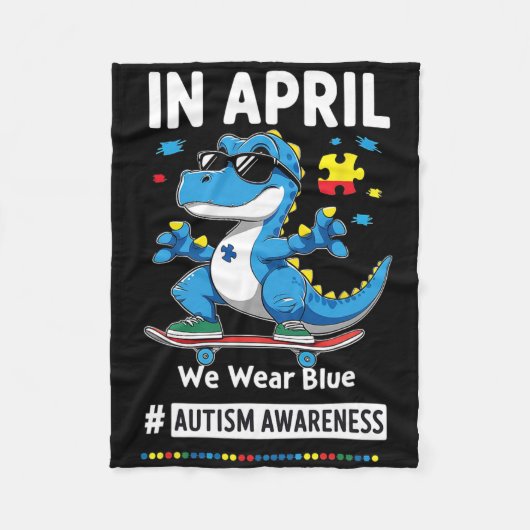 In April We Wear Blue Funny Skateboarding Dinosaur Fleece Deken (Voorkant)