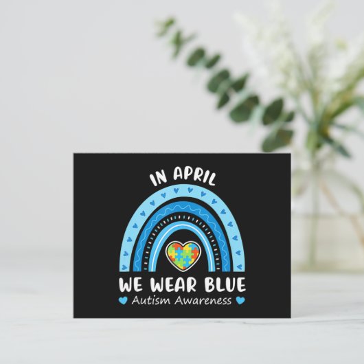 In April We Wear Blue Rainbow Autism Awareness Puz Briefkaart (Staand voorkant)