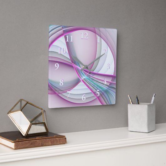 In Beweging, Moderne Abstract Kleurrijke Fractale Vierkante Klok (Kantoor)