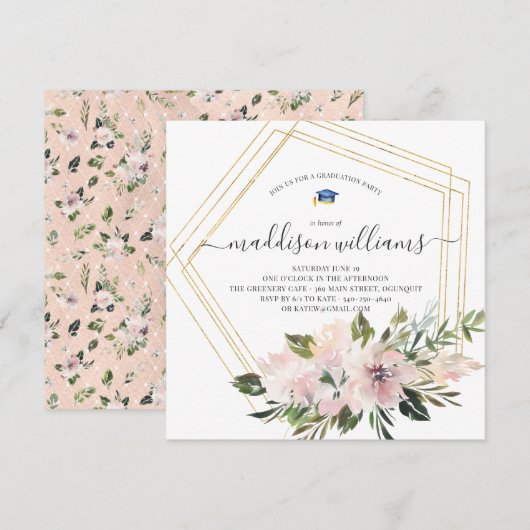 In Bloom | Blush Bloemen Afstudeerfeest Kaart (Voorkant / Achterkant)