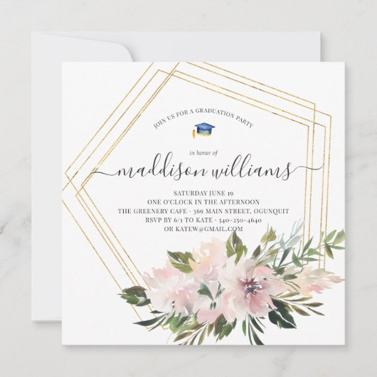 In Bloom | Blush Floral Graduation Party Kaart (Voorkant)