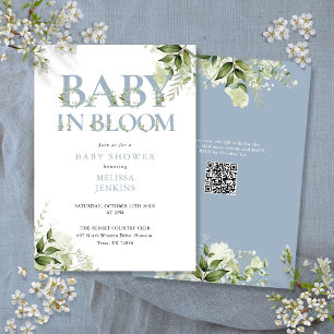 In Bloom Dusty Blue Groenery QR Code Baby Shower Kaart