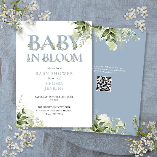In Bloom Dusty Blue Groenery QR Code Baby Shower Kaart