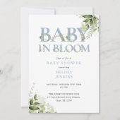 In Bloom Dusty Blue Groenery QR Code Baby Shower Kaart (Voorkant)