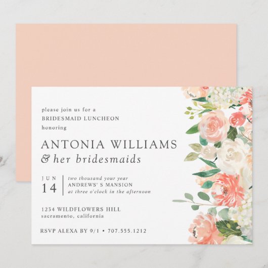 IN Bloom Floral Peach Pink Bridesmaid Luncheon Kaart (Voorkant / Achterkant)