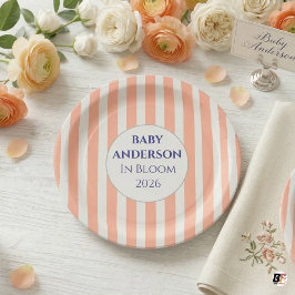 In Bloom Koraal Streep Baby Shower Persoonlijk Papieren Bordje