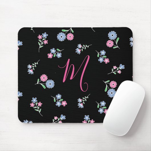 In Bloom Monogrammed Initiaal Pink Blue Pattern Muismat (Met muis)