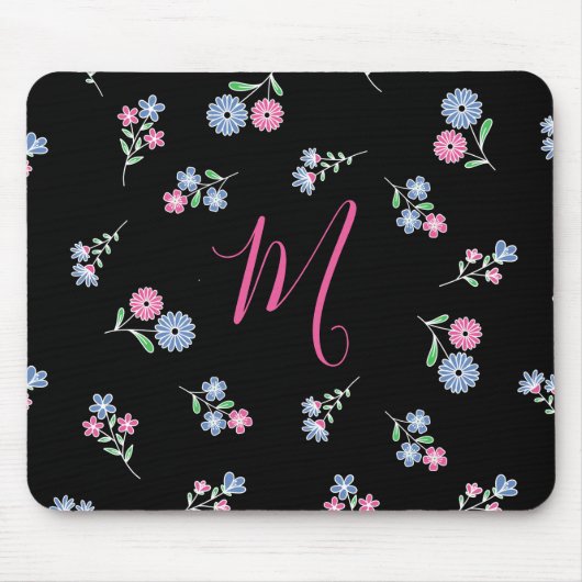 In Bloom Monogrammed Initiaal Pink Blue Pattern Muismat (Voorkant)