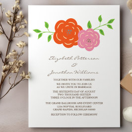 In Bloom Oranje Pink Floral Wedding Invite Kaart