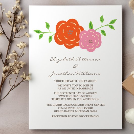 In Bloom Oranje Pink Floral Wedding Invite Kaart