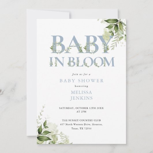 In Bloom Stof Blauw Groene QR Code Baby Shower Kaart (Voorkant)