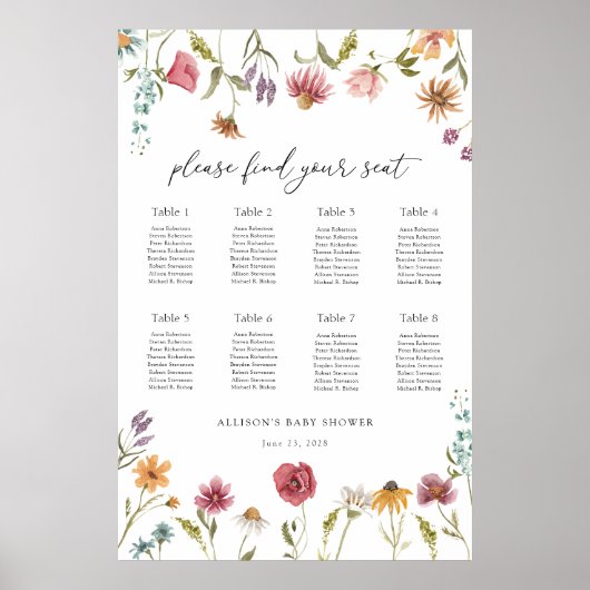 In Bloom Wildflower Baby shower Zitplaatskaart Poster (Voorkant)