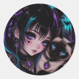 In Contact   Anime Meisje & Kat Ronde Sticker