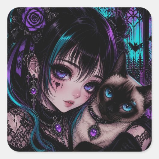 In Contact | Anime Meisje & Kat Vierkante Sticker (Voorkant)