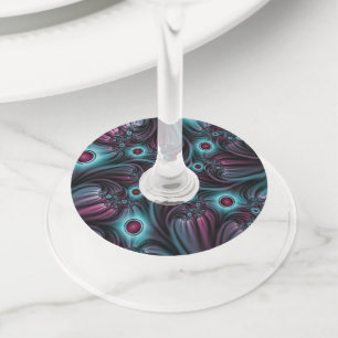 In de Abstracte fractale diepte van de Blauw Roze Wijnglaslabel