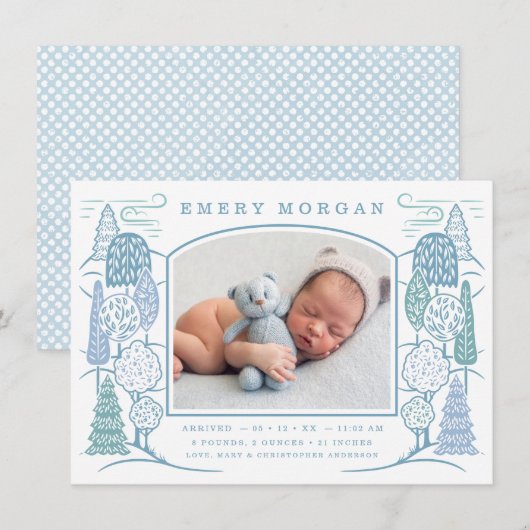 In de boom top geboorte aankondiging blauw (Voorkant / Achterkant)