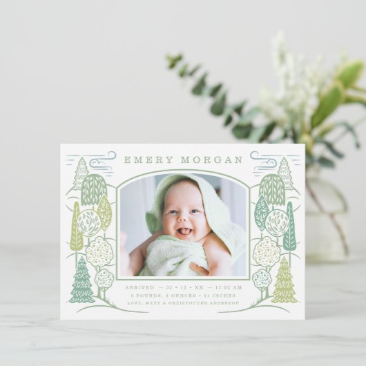 In de boom Top geboorte aankondiging groen (Staand voorkant)