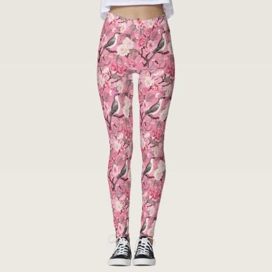 In de Cherry Blossoms Roze Chinoiserie Leggings (Voorkant)