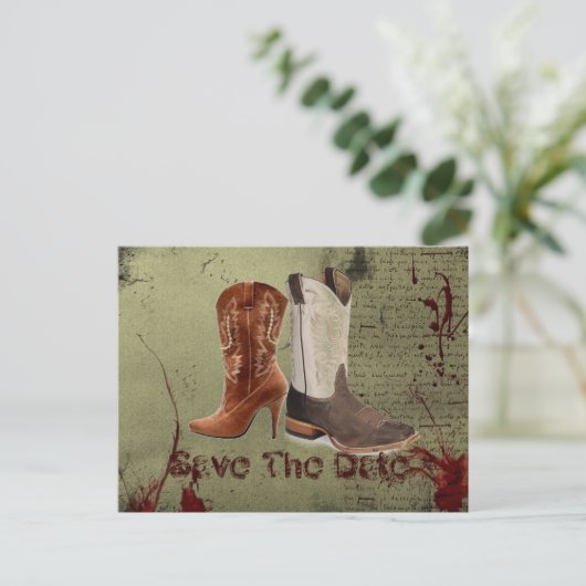in de echt verbonden western cowboylaarzen bruilof aankondigingskaart (Staand voorkant)