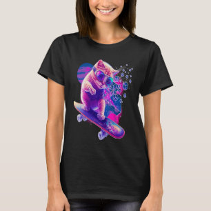 In de kleurrijke ruimte rijdt een schattige kat op t-shirt