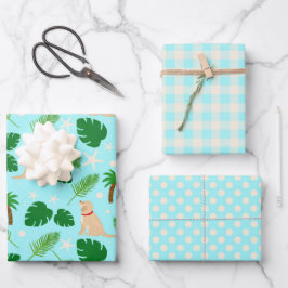 In de Ocean Blue Tropical Pups Gift Wrap set of 3 Inpakpapier Vel