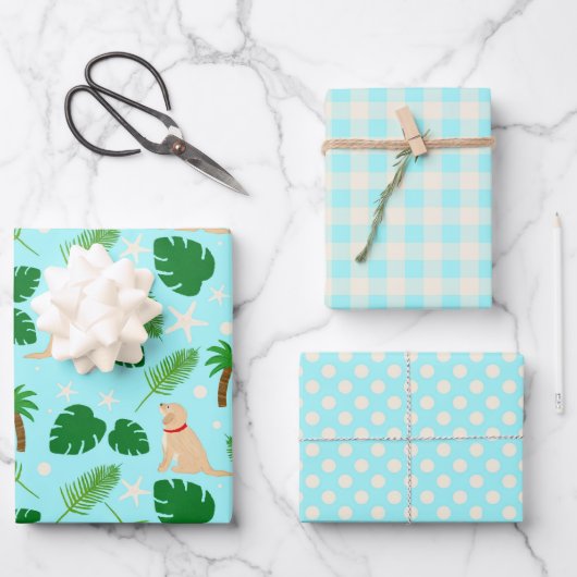 In de Ocean Blue Tropical Pups Gift Wrap set of 3 Inpakpapier Vel (Voorkant)