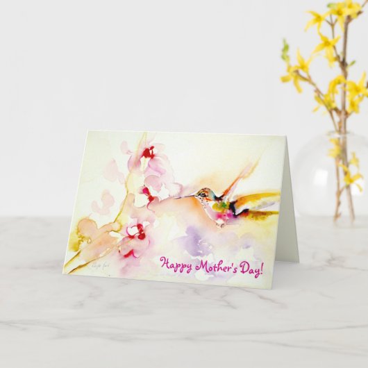 "In de Roze" Druk van de Kolibrie Kaart (Gele Bloem)