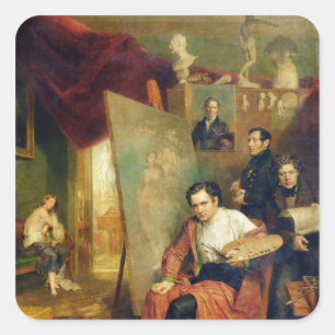 In de studio van de schilder, 1832 vierkante sticker