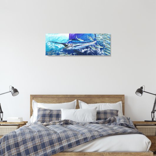 In de Wash jaagt Sailfish op school. Canvas Afdruk (Insitu (Slaapkamer))