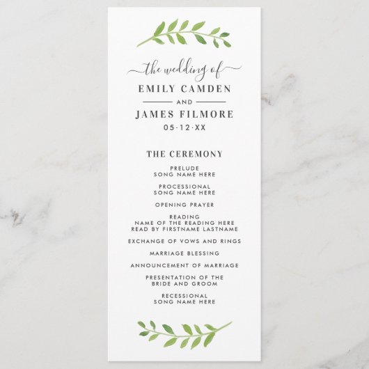In de Waterverf Greenery Wedding Ceremony Programmakaart (Voorkant)