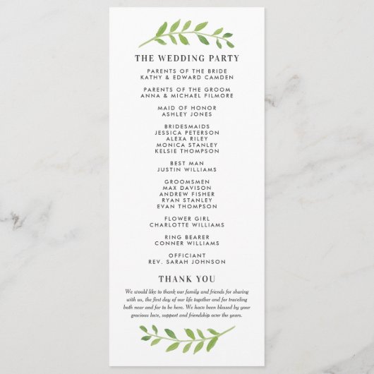 In de Waterverf Greenery Wedding Ceremony Programmakaart (Achterkant)