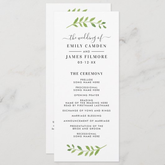 In de Waterverf Greenery Wedding Ceremony Programmakaart (Voorkant / Achterkant)