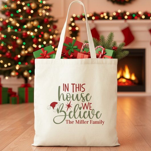In dit Huis geloven we gepersonaliseerde kerst Tote Bag