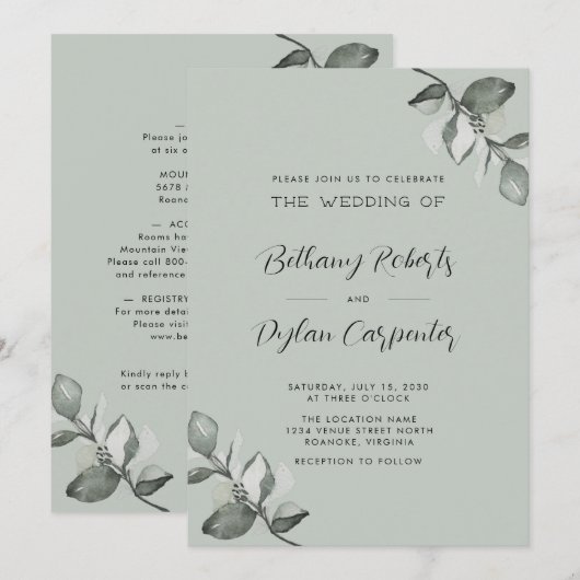 In één keer Waterverf Eucalyptus Weddenschap Kaart (Voorkant / Achterkant)