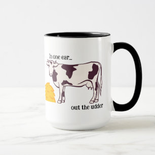 "In één oor..." Koetjespun Verstelbare Koffie/Thee Mok