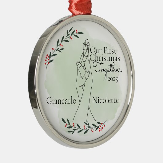 In elkaar grijpende handen eerste kerst samen metalen ornament (Rechts)